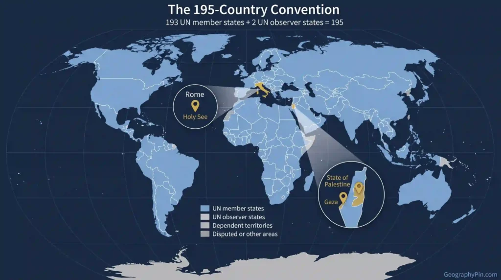 Political world map showing 193 UN member states with callouts for the Holy See and State of Palestine, creating the common total of 195 countries.