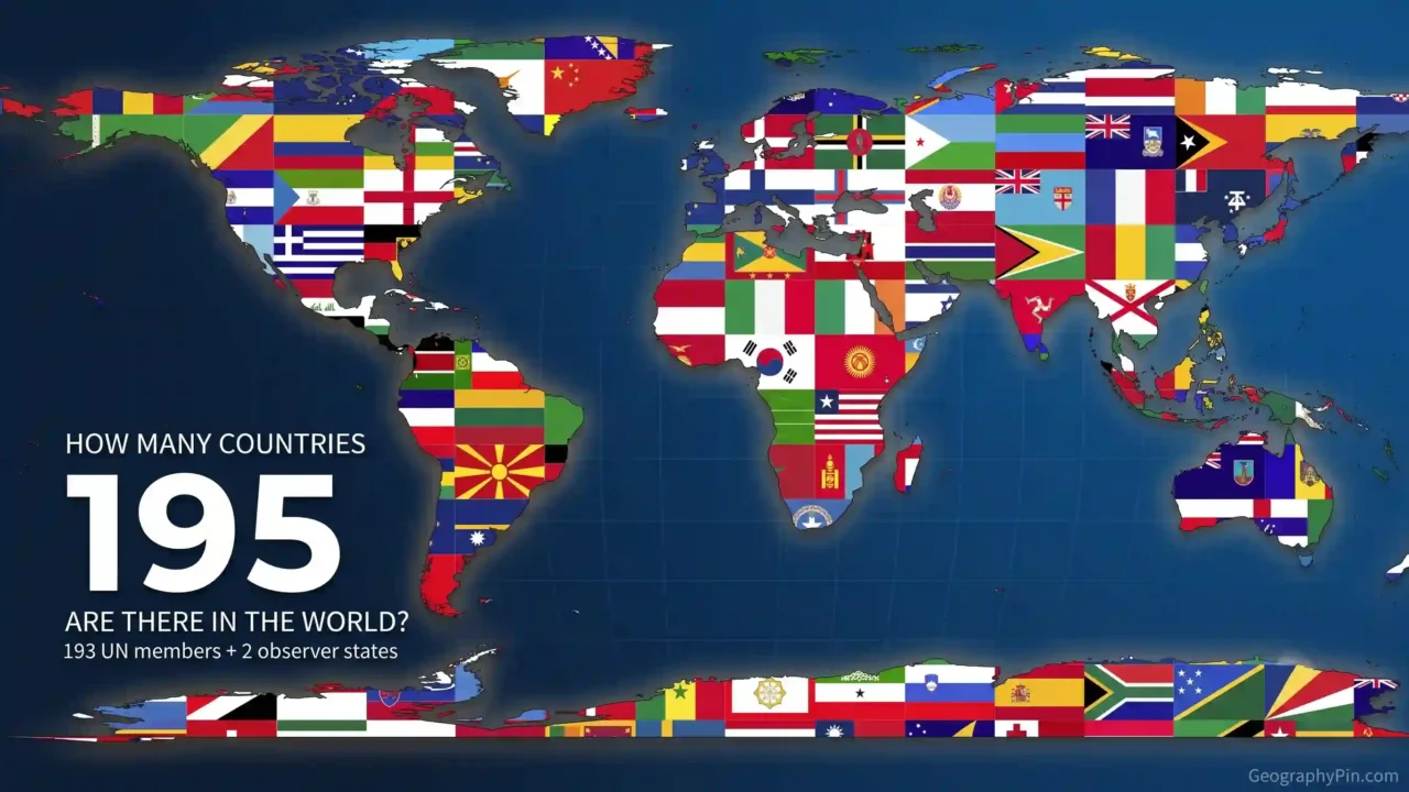 Decorative world map filled with national flags beside the number 195 and an explanation of the common world country count.