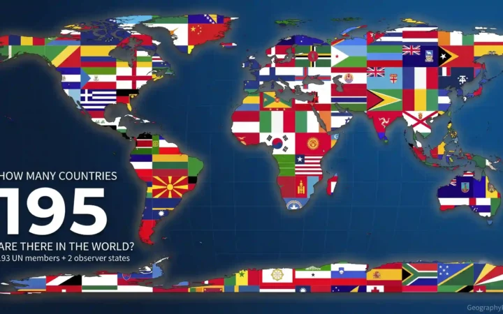 Decorative world map filled with national flags beside the number 195 and an explanation of the common world country count.