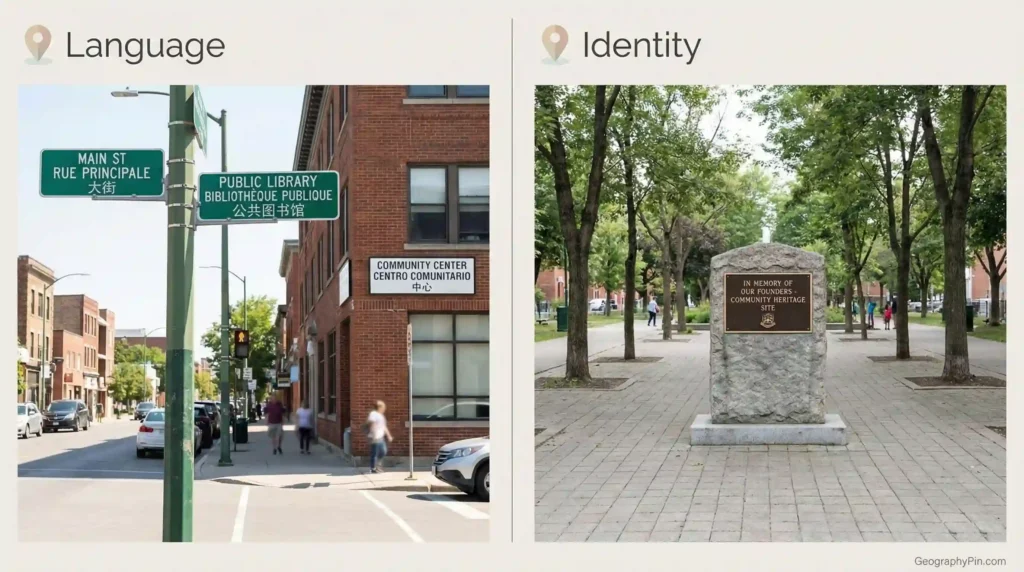 Split-panel image showing multilingual street signs labeled “Language” and a community heritage memorial labeled “Identity,” both illustrating culture in place.
