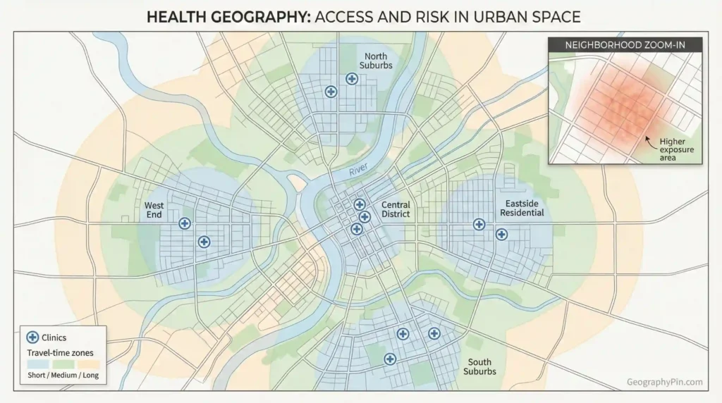 Illustrated city map showing clinic locations, shaded travel-time zones for access, and an inset highlighting a neighborhood “higher exposure” risk area.