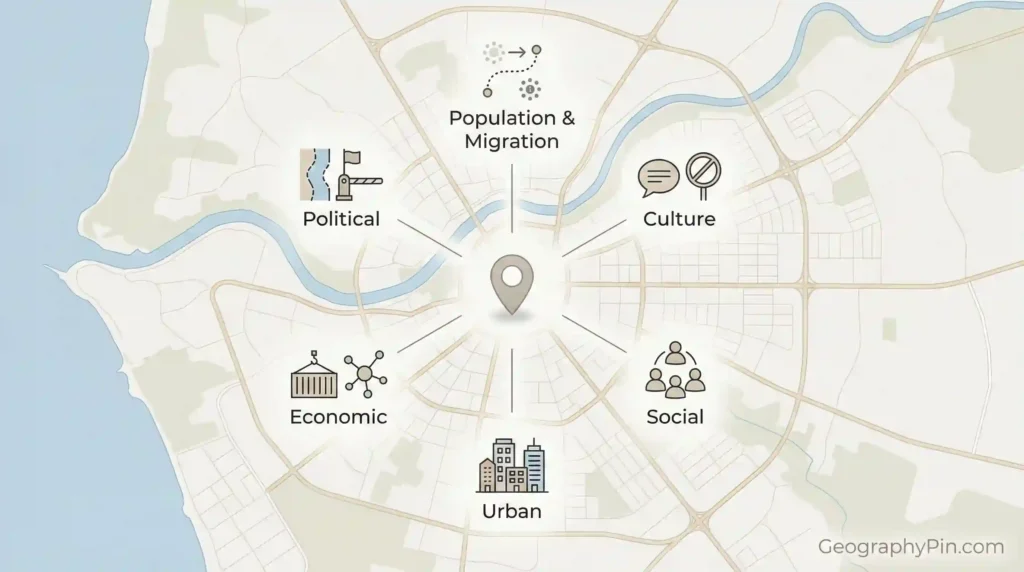 Stylized map with a central location pin and six labeled human geography types around it: population and migration, culture, social, urban, economic, and political.