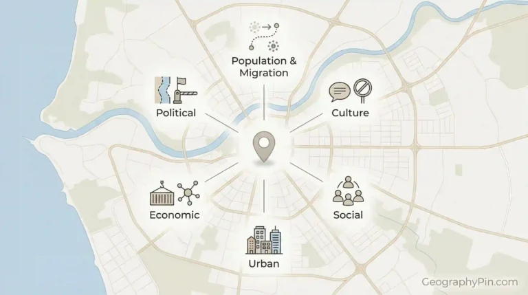Stylized map with a central location pin and six labeled human geography types around it: population and migration, culture, social, urban, economic, and political.