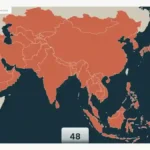 Stylized map of Asia highlighting 48 countries in coral against a dark teal ocean.