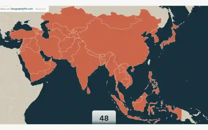 Stylized map of Asia highlighting 48 countries in coral against a dark teal ocean.