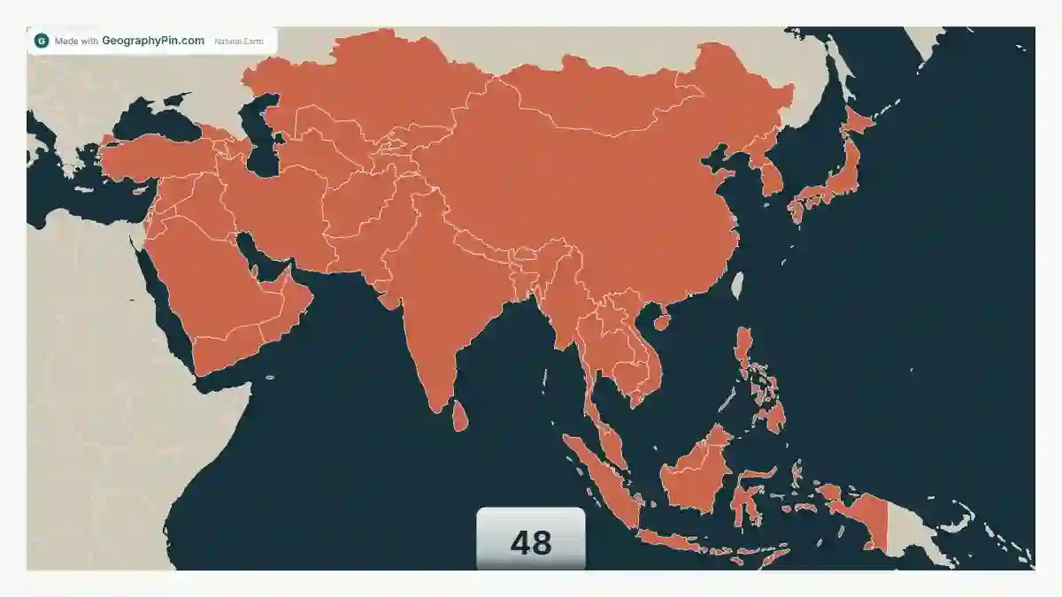 Stylized map of Asia highlighting 48 countries in coral against a dark teal ocean.