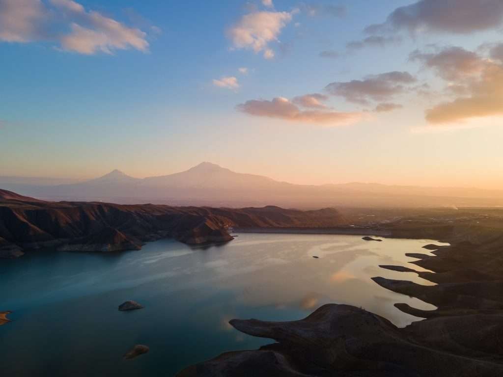 Beautiful view of Ararat mountain and Azat reservoir in Armenia during the sunset.