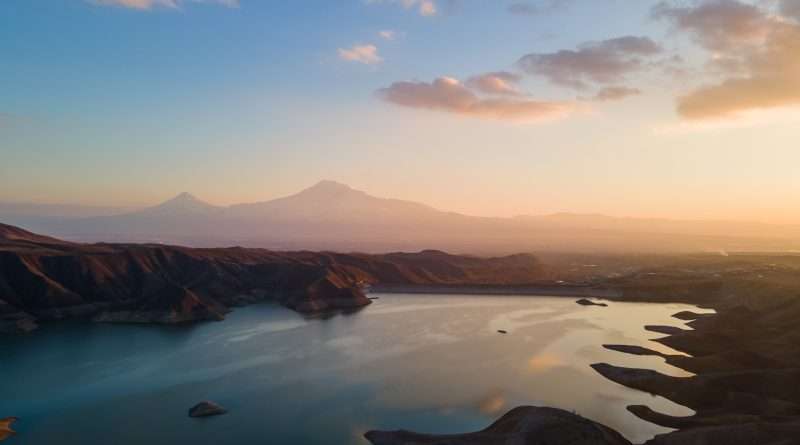 Beautiful view of Ararat mountain and Azat reservoir in Armenia during the sunset.