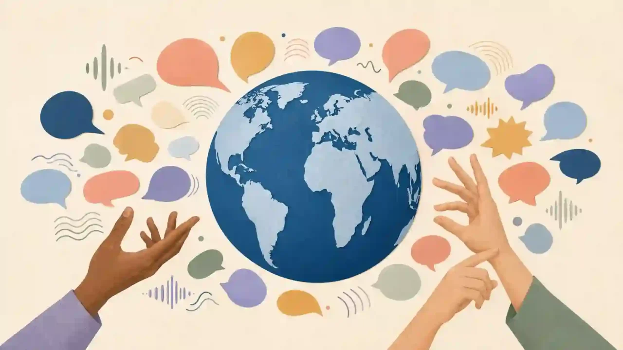 Blue globe surrounded by speech bubbles, sound waves, and hands representing spoken and signed languages