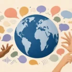 Blue globe surrounded by speech bubbles, sound waves, and hands representing spoken and signed languages