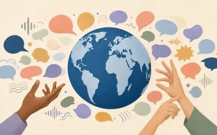 Blue globe surrounded by speech bubbles, sound waves, and hands representing spoken and signed languages