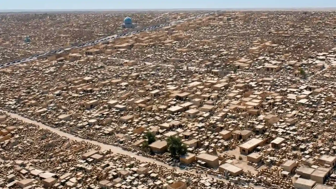 Aerial view of the densely packed tombs and mausoleums of Wadi al-Salam Cemetery in Najaf, Iraq.