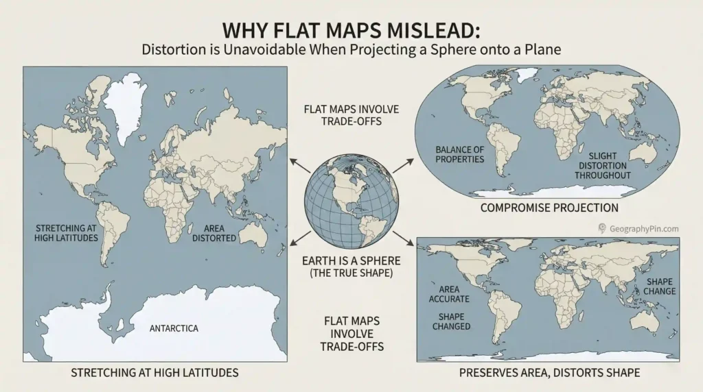 Comparison graphic explaining why flat world maps distort area, shape, or scale when projecting the spherical Earth onto a flat surface