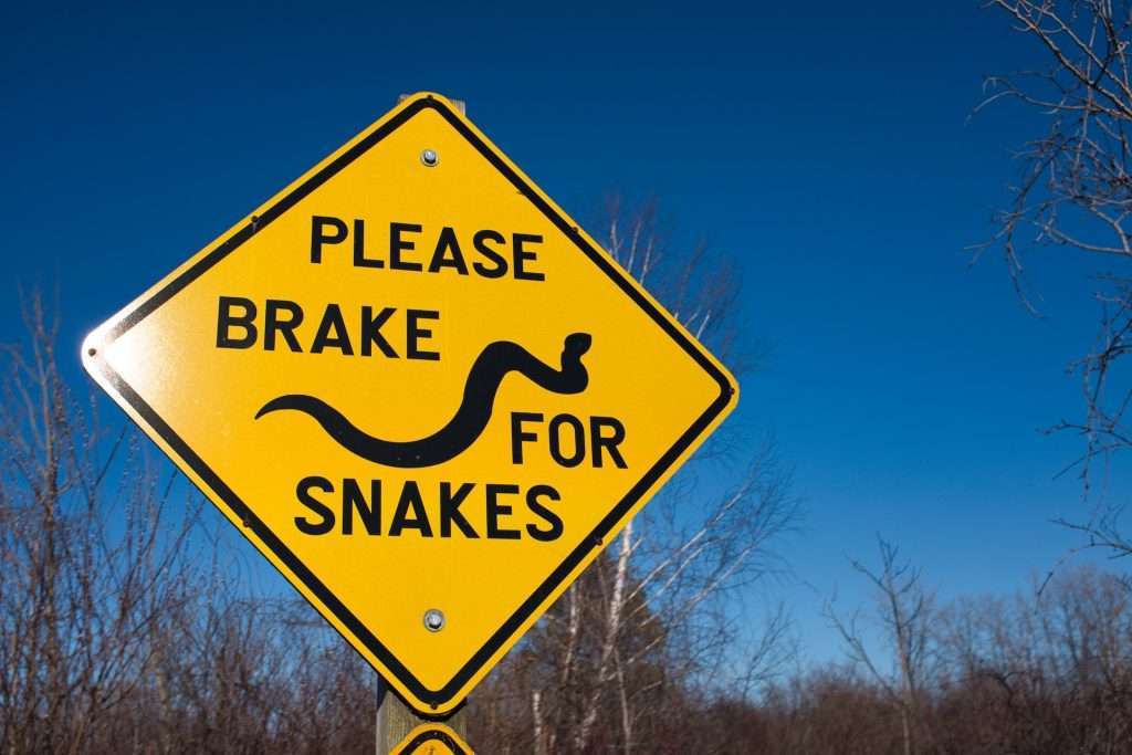 a yellow sign that says please brake for snakes