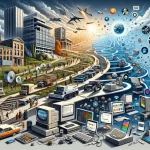Panoramic collage depicting the evolution of the internet from the 1960s with large computers and magnetic tapes, through the 1980s ARPANET, to the 1990s World Wide Web, and current mobile and IoT technologies.