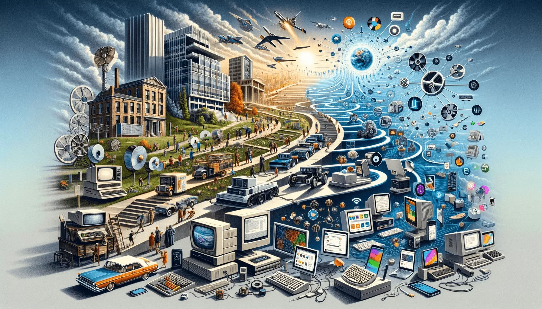 Panoramic collage depicting the evolution of the internet from the 1960s with large computers and magnetic tapes, through the 1980s ARPANET, to the 1990s World Wide Web, and current mobile and IoT technologies.