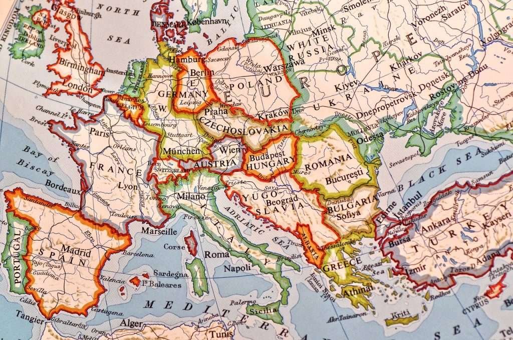 Close-up of a colorful map highlighting European countries and their geographical borders.