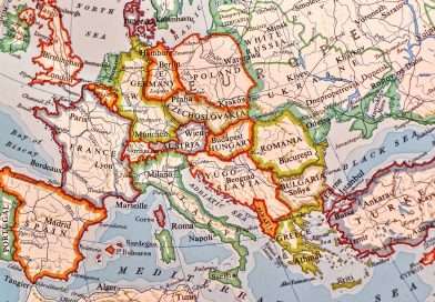 Close-up of a colorful map highlighting European countries and their geographical borders.