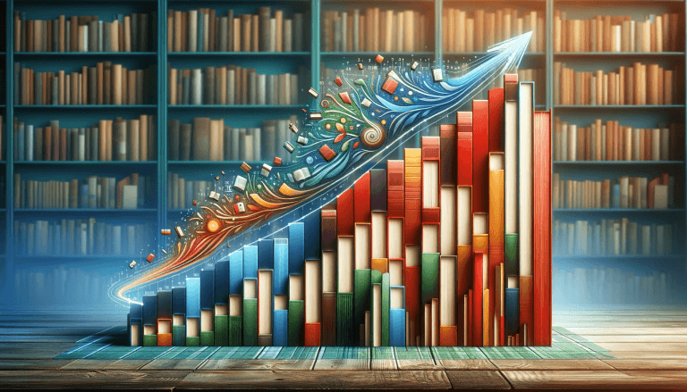 Abstract depiction of the increasing trend of global book publications, featuring symbolic imagery of ascending book stacks and a tree with books as leaves, set against a library-themed background.