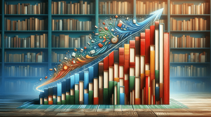 Abstract depiction of the increasing trend of global book publications, featuring symbolic imagery of ascending book stacks and a tree with books as leaves, set against a library-themed background.