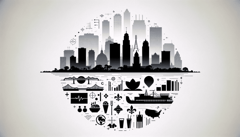 A minimalistic collage depicting key aspects of human geography, including a megacity skyline, international cuisine icons, a political map outline, industrial shapes, and a representation of New Orleans with levees.