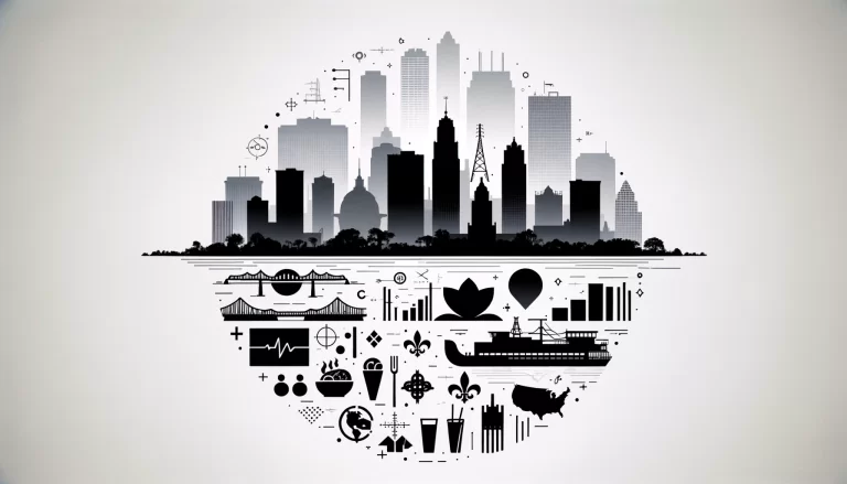 A minimalistic collage depicting key aspects of human geography, including a megacity skyline, international cuisine icons, a political map outline, industrial shapes, and a representation of New Orleans with levees.