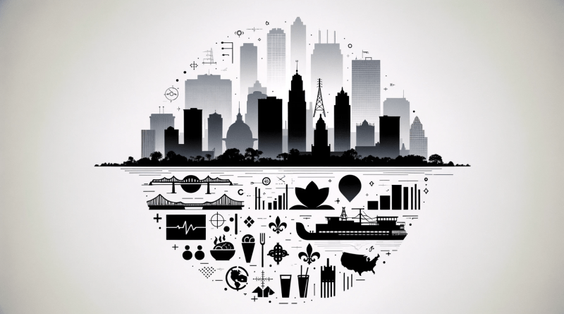A minimalistic collage depicting key aspects of human geography, including a megacity skyline, international cuisine icons, a political map outline, industrial shapes, and a representation of New Orleans with levees.