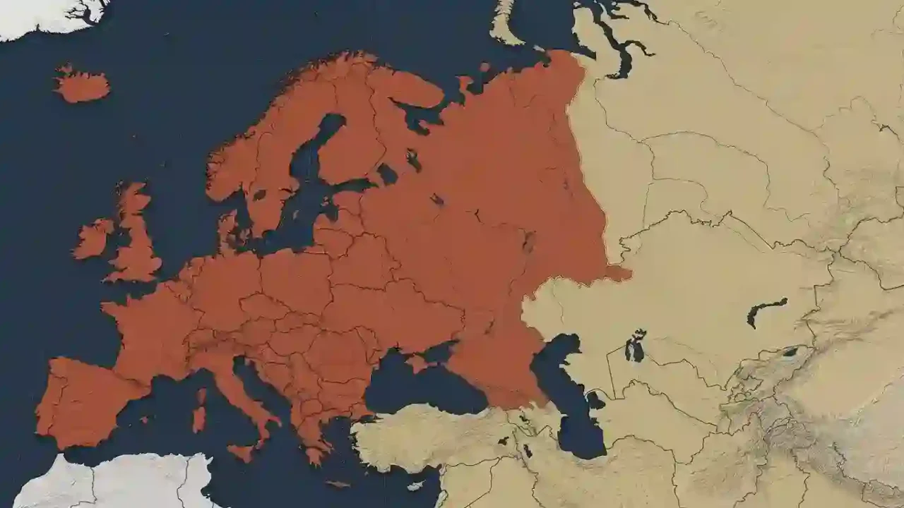 Europe highlighted on the western side of the continuous Eurasian landmass, with a thin conventional boundary separating it from Asia.