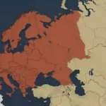Europe highlighted on the western side of the continuous Eurasian landmass, with a thin conventional boundary separating it from Asia.