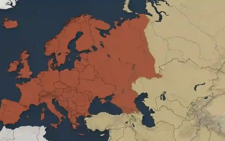 Europe highlighted on the western side of the continuous Eurasian landmass, with a thin conventional boundary separating it from Asia.