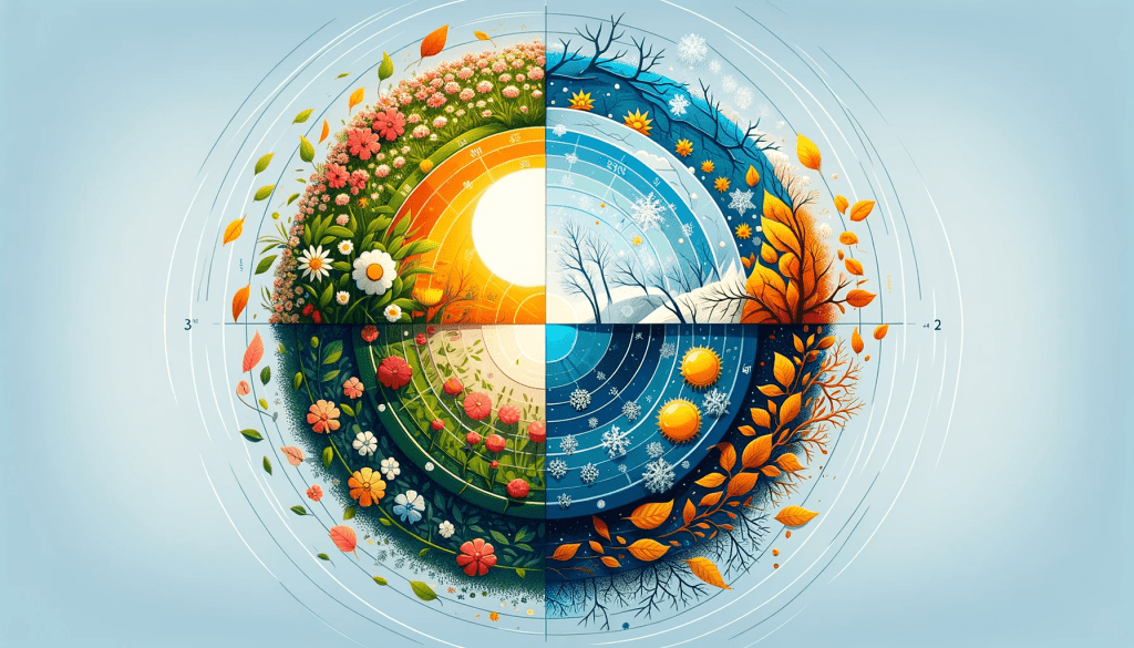 Simplistic infographic showing Earth's four seasons - spring, summer, autumn, winter - depicted in four horizontal sections with relevant symbols, against a backdrop of Earth's tilted axis and the sun.
