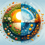 Simplistic infographic showing Earth's four seasons - spring, summer, autumn, winter - depicted in four horizontal sections with relevant symbols, against a backdrop of Earth's tilted axis and the sun.