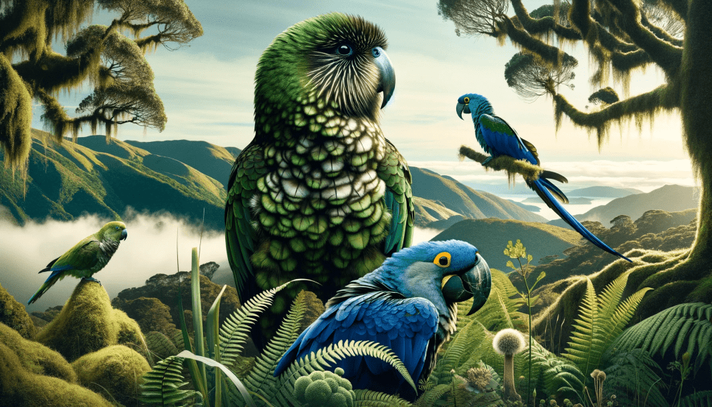 Collage of the Kakapo and Hyacinth Macaw in lush natural habitats, symbolizing the beauty and rarity of the world's largest parrots.