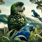 Collage of the Kakapo and Hyacinth Macaw in lush natural habitats, symbolizing the beauty and rarity of the world's largest parrots.