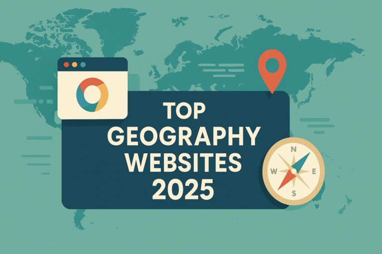 Flat-style illustration of a simplified world map in turquoise and green, overlaid with a dark blue banner reading “Top Geography Websites 2025,” and icons for a browser window, map pin, and compass rose.