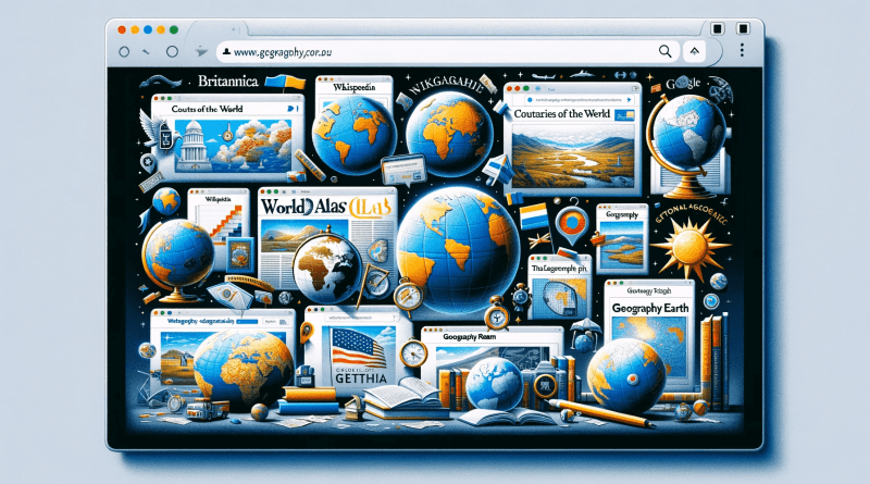 Wide collage of top 10 geography websites, displayed in a browser-style format without text. Features iconic symbols for Britannica, Wikipedia, World Atlas, Countries of the World, National Geographic Education, Geographical, GeographyPin, ThoughtCo, Geography Realm, and Google Earth, set against a white and blue background.