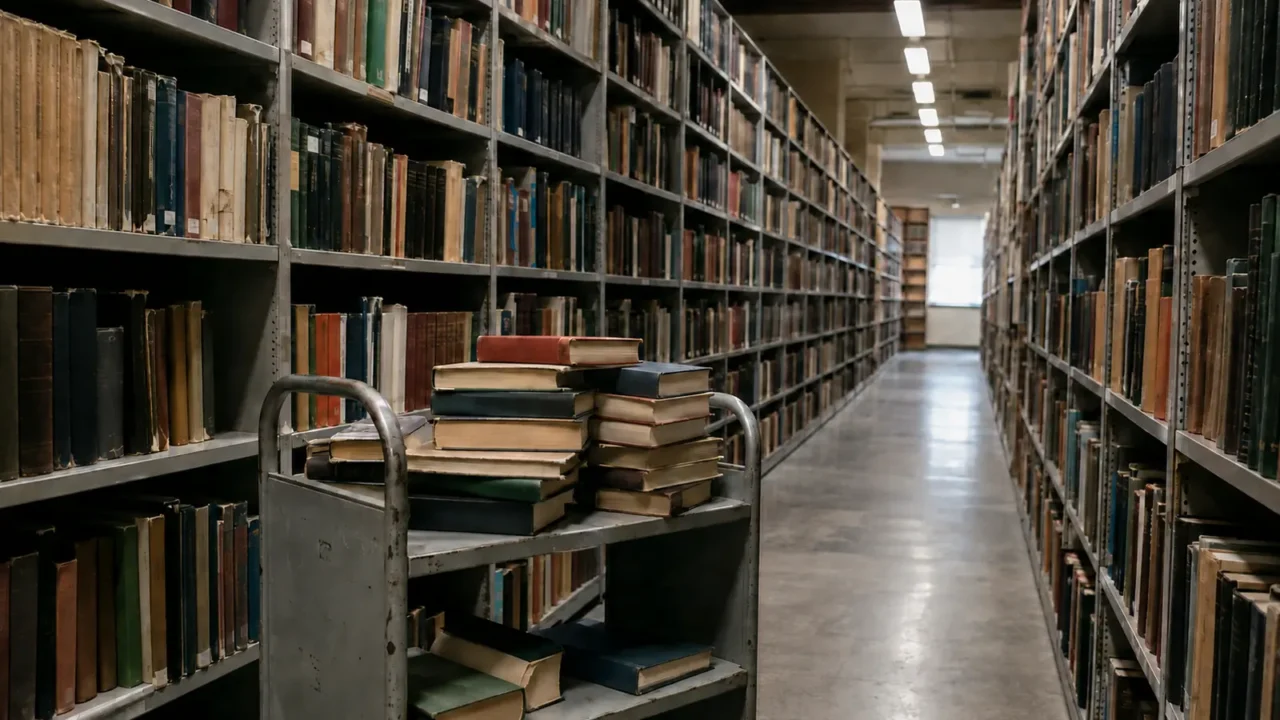 Book cart stacked with worn volumes in a long research library aisle.
