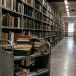 Book cart stacked with worn volumes in a long research library aisle.