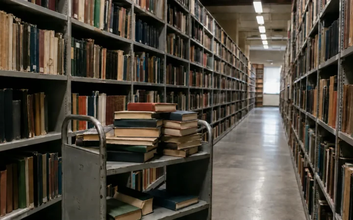 Book cart stacked with worn volumes in a long research library aisle.