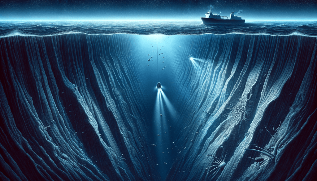 Illustration of the Mariana Trench with a submersible beam illuminating the deep-sea environment.