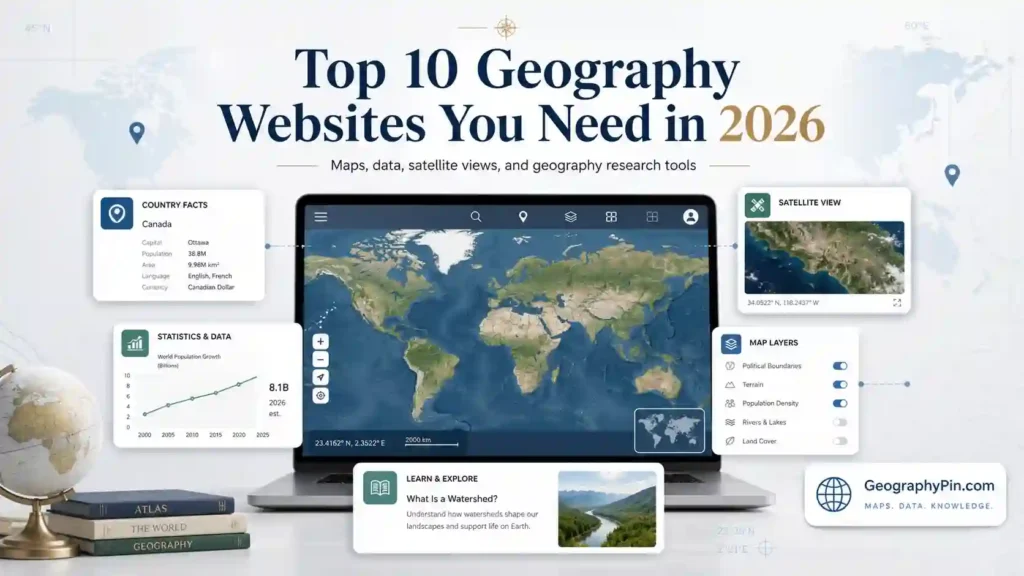 Digital world map on a laptop surrounded by geography research panels for country facts, statistics, satellite views, map layers, and learning tools.