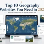 Digital world map on a laptop surrounded by geography research panels for country facts, statistics, satellite views, map layers, and learning tools.