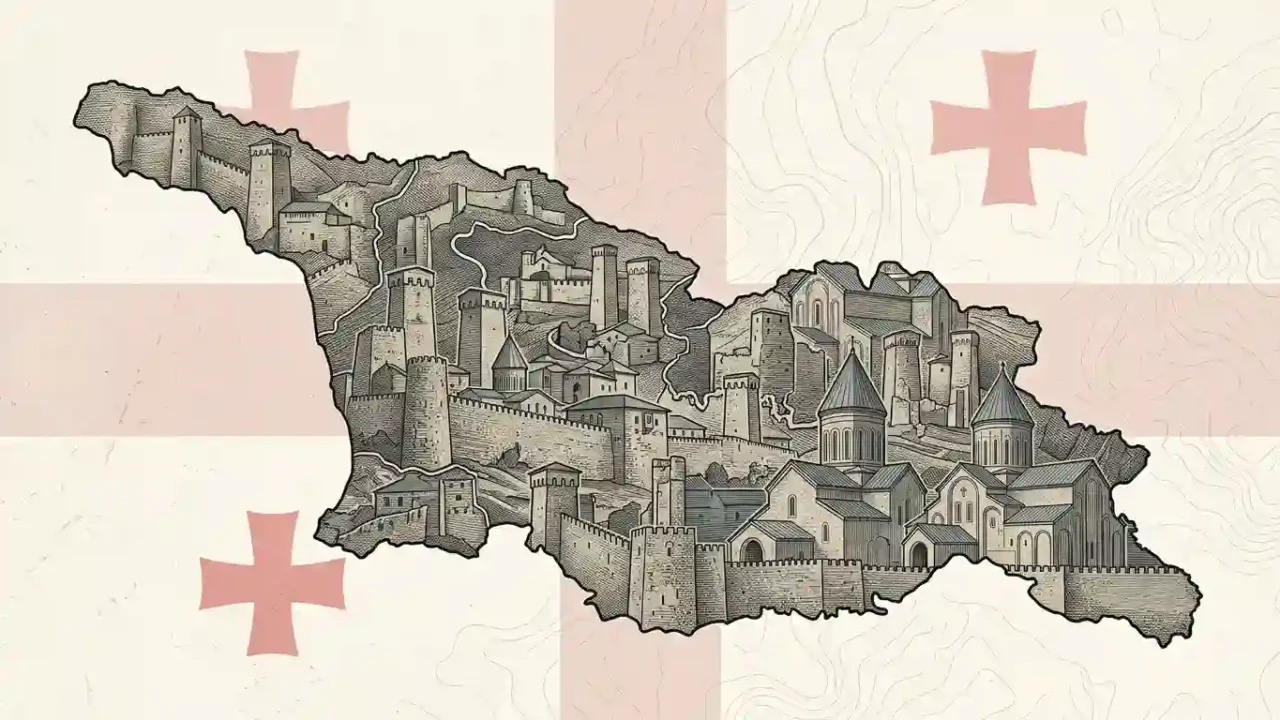 Map of Georgia featuring illustrated castles and fortresses from across the country.
