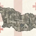 Map of Georgia featuring illustrated castles and fortresses from across the country.