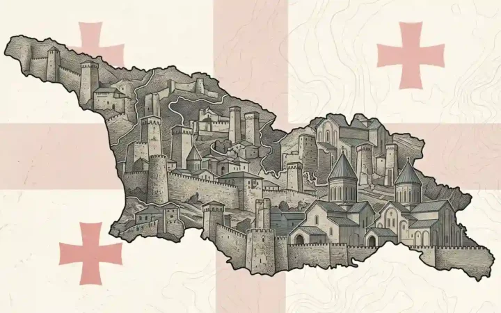 Map of Georgia featuring illustrated castles and fortresses from across the country.