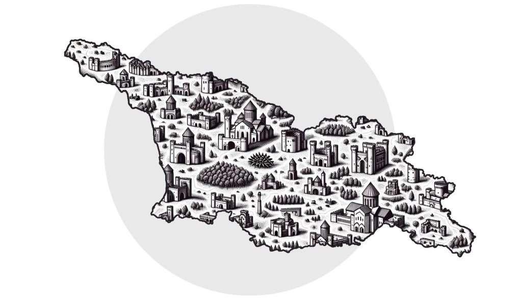 Illustrated map of Georgia featuring stylized icons of castles and fortresses representing historical sites across the country.