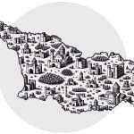 Illustrated map of Georgia featuring stylized icons of castles and fortresses representing historical sites across the country.