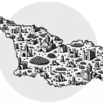 Illustrated map of Georgia featuring stylized icons of castles and fortresses representing historical sites across the country.
