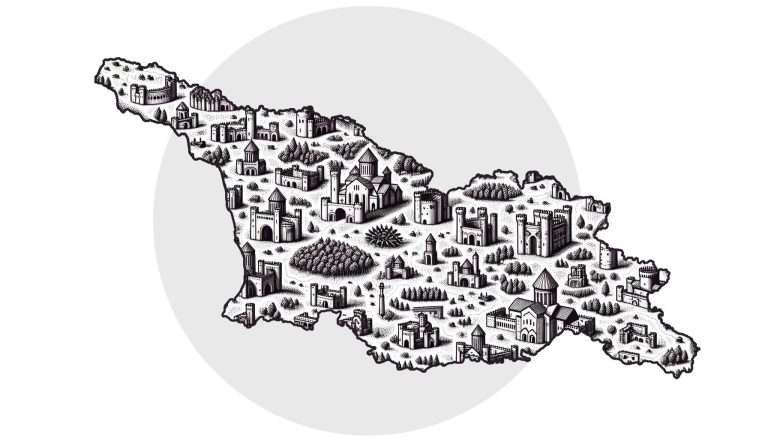 Illustrated map of Georgia featuring stylized icons of castles and fortresses representing historical sites across the country.