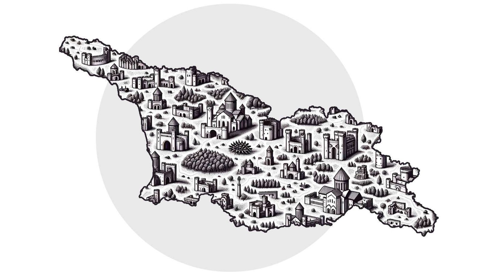 Illustrated map of Georgia featuring stylized icons of castles and fortresses representing historical sites across the country.